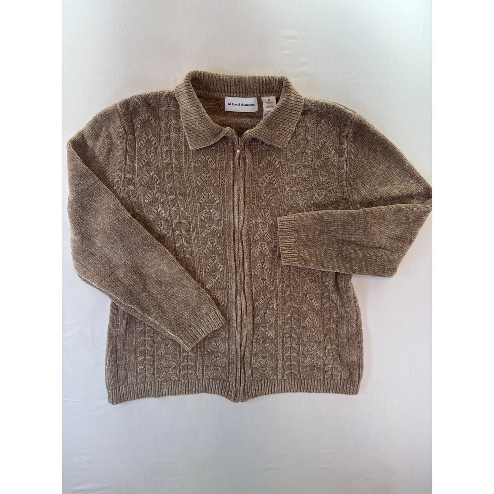 Alfred Dunner Tan Chenille Cable Knit Zip Front Cardigan Sweater Womens Medium